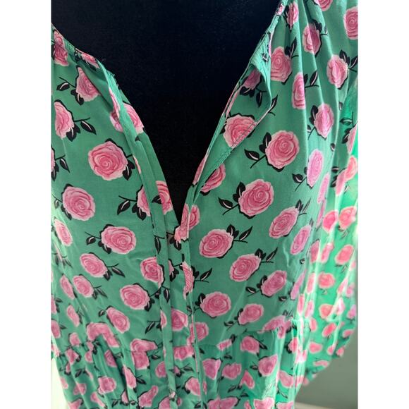 Floral Rose Print Green Viscose Maxi Dress Long Sleeve Boho Caftan XL - Picture 2 of 7